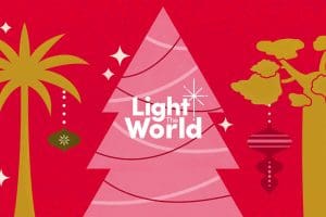 2025 Light the World Christmas campaign graphic with stylized Christmas tree and ornaments promoting Christ-centered holiday service.
