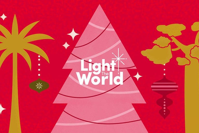 2025 Light the World Christmas campaign graphic with stylized Christmas tree and ornaments promoting Christ-centered holiday service.