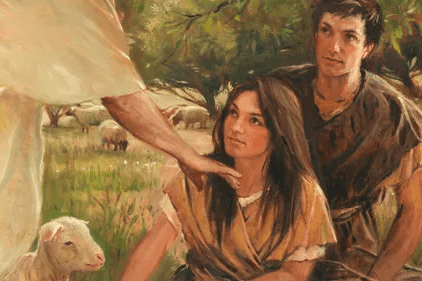 Painting of Adam and Eve being taught by the Savior after the Fall, representing agency, the Plan of Salvation, and truths from the Book of Mormon.