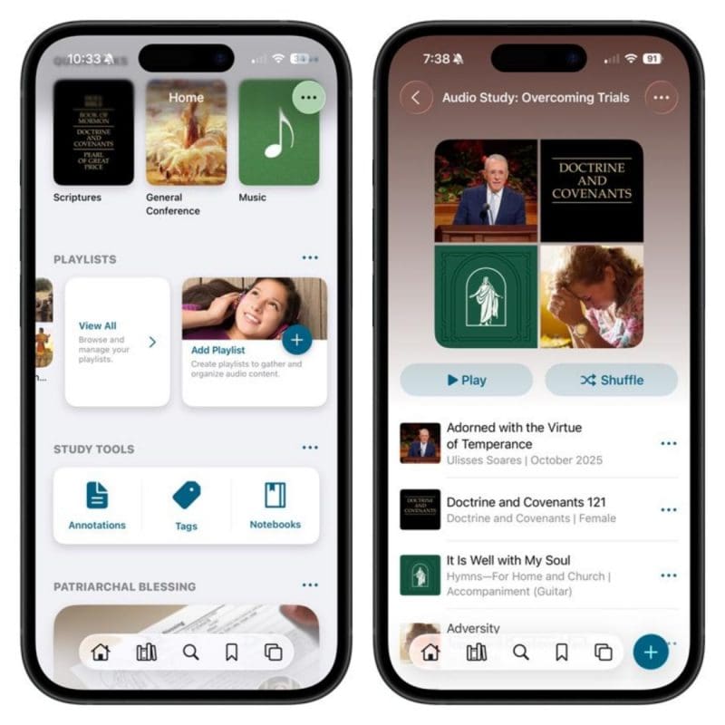 A screenshot of the updated Gospel Library app showing the new playlist feature, where users can create and organize Gospel Library app playlists with hymns, conference talks, scriptures, and other Church resources. The update replaces the Sacred Music app and allows playlists to be shared with others.