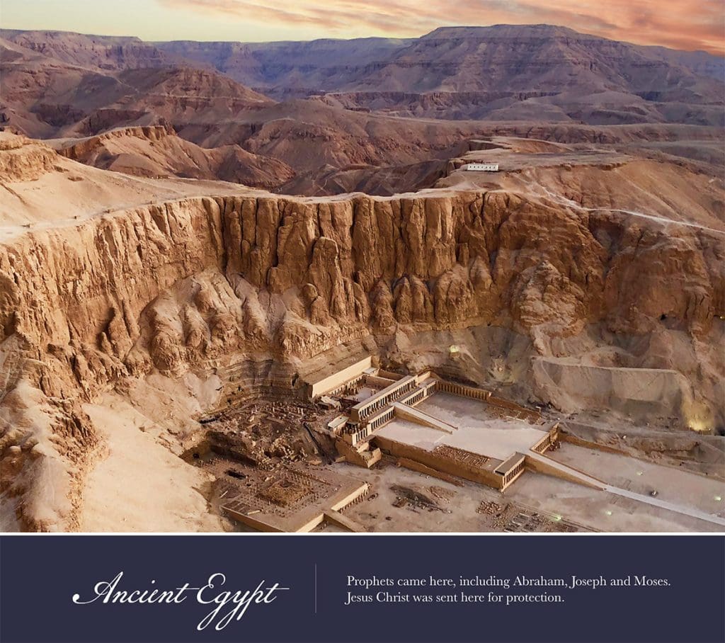 A breathtaking photograph of the cliffs and sacred landscape of ancient Egypt, including the mortuary temple of Hatshepsut, captured by Scot Facer Proctor for the 2026 Old Testament Come, Follow Me calendar. This Old Testament location reflects the journeys of Abraham, Joseph, and Moses, emphasizing covenant history and sacred geography.