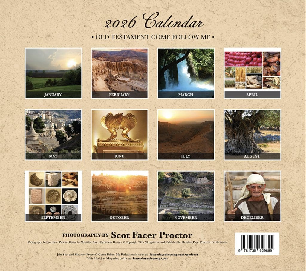 The 2026 Old Testament Come, Follow Me calendar back cover displaying all twelve monthly photographs of sacred locations throughout Israel, Egypt, and the Middle East. Captured by Scot Facer Proctor, these images highlight key Old Testament sites and covenant themes designed to enhance scripture study throughout the year.
