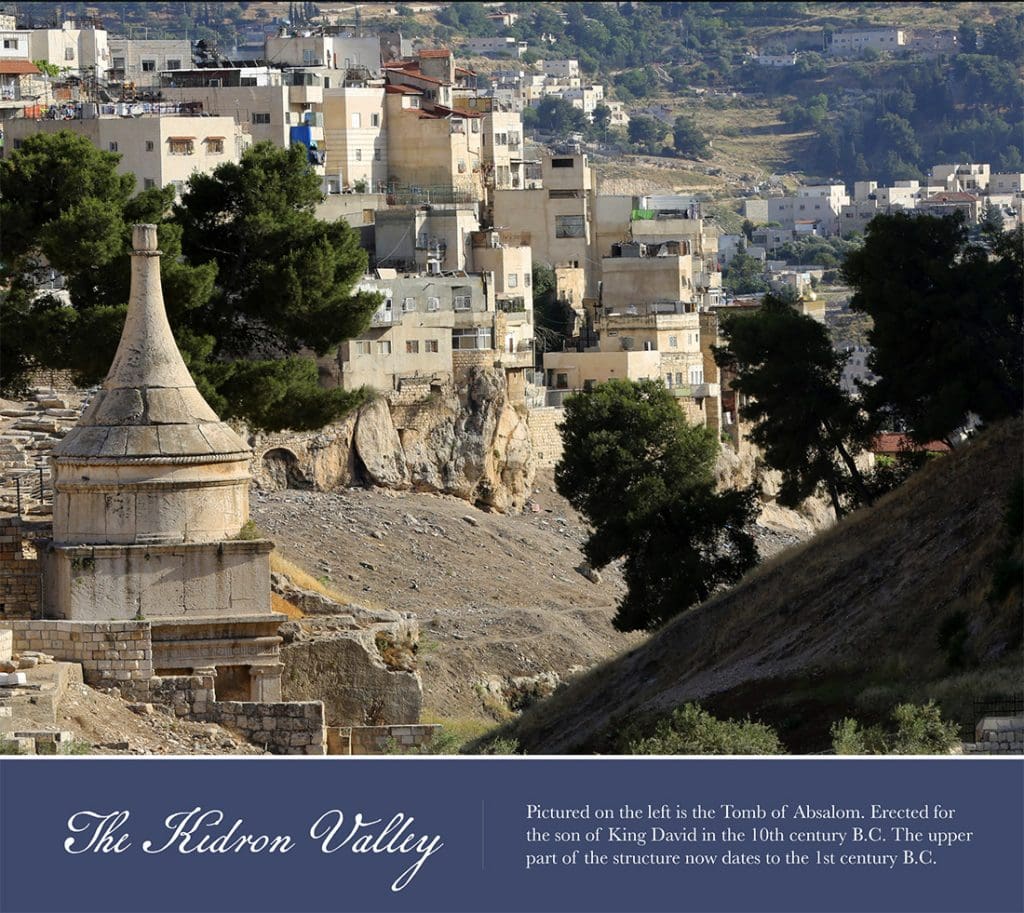 A striking photograph of the Kidron Valley in Jerusalem, featuring the Tomb of Absalom with the modern city on the hillside beyond. Part of the 2026 Old Testament Come, Follow Me calendar, this sacred site reflects Israel’s ancient covenant history and the world of Old Testament prophets.