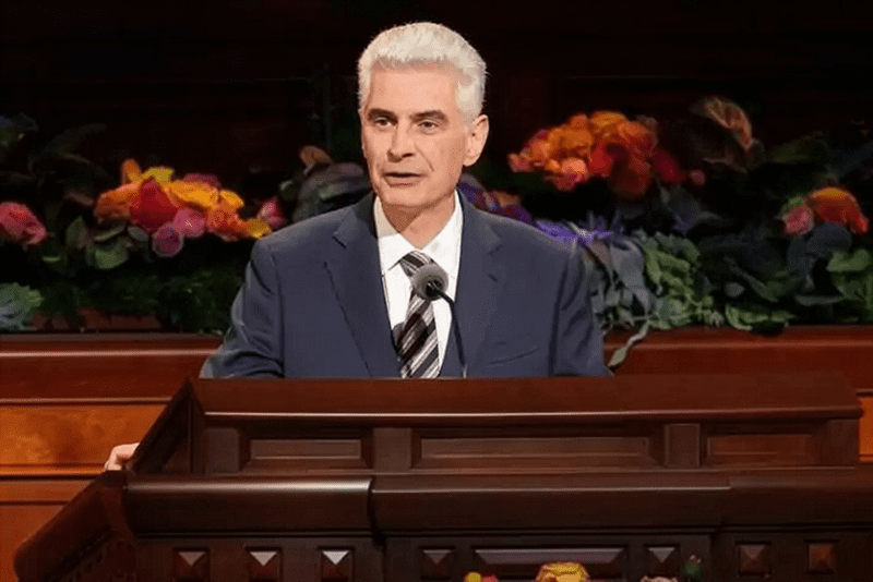 Gérald Caussé speaking at the pulpit after being called as a new apostle in The Church of Jesus Christ of Latter-day Saints.