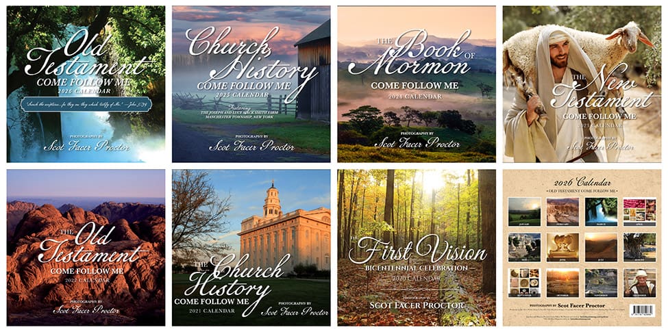 A collection of past Meridian Magazine Come, Follow Me calendars featuring Old Testament, New Testament, Book of Mormon, Church History, and First Vision themes, photographed by Scot Facer Proctor. These calendar covers highlight sacred sites across Israel, Egypt, and early Latter-day Saint history, emphasizing the covenant path and the tradition behind the 2026 Old Testament Come, Follow Me calendar.