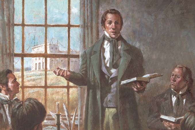 Joseph Smith teaching early Latter-day Saints with the Nauvoo Temple behind him, illustrating the historical context of plural marriage in Latter-day Saint history.