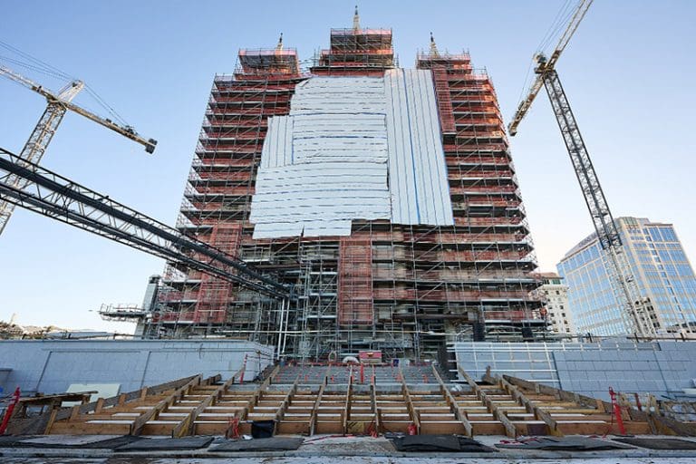 Salt Lake Temple renovation progress in October 2025 showing scaffolding and cranes on Temple Square