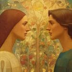 Adam and Eve standing face-to-face in a symbolic garden scene representing the Hebrew concept of ezer kenegdo and women’s priesthood authority.