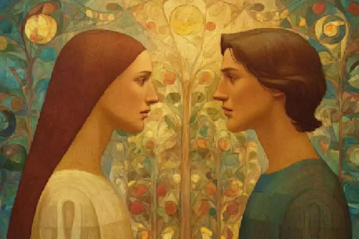 Adam and Eve standing face-to-face in a symbolic garden scene representing the Hebrew concept of ezer kenegdo and women’s priesthood authority.