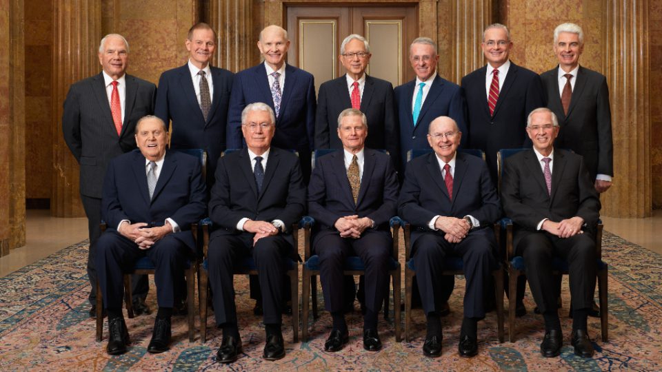 A newly released official photograph of the Quorum of the Twelve Apostles of The Church of Jesus Christ of Latter-day Saints, taken in the Church Administration Building on December 5, 2025.