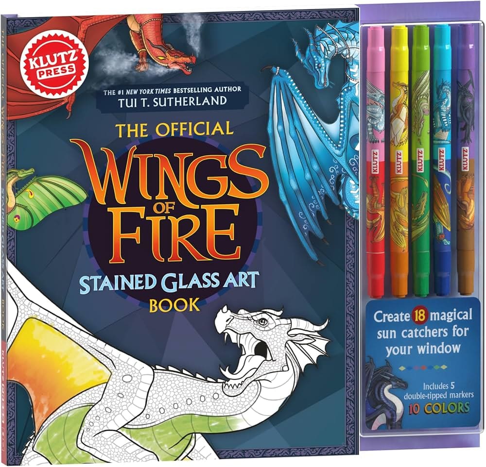 Cover of The Official Wings of Fire Stained Glass Art Book by Klutz Press, a holiday activity kit for kids featuring dragon-themed suncatchers and colorful markers—one of our top creative Christmas gifts.