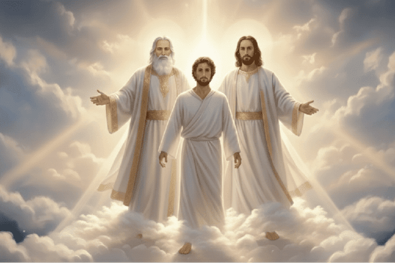 Adam’s premortal existence shown with Heavenly Father and Jesus Christ before the Creation, as taught in the Book of Moses and Restoration scripture