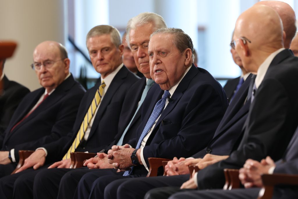 President Jeffrey R. Holland sits among fellow members of the Quorum of the Twelve Apostles during a Church meeting, reflecting decades of apostolic ministry, faith, and leadership in The Church of Jesus Christ of Latter-day Saints.