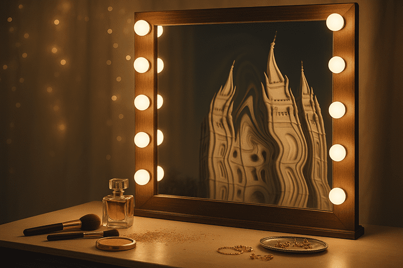 Distorted Salt Lake Temple reflected in a Hollywood-style vanity mirror, illustrating how Secret Lives of Mormon Wives misrepresents Latter-day Saint women and their faith.