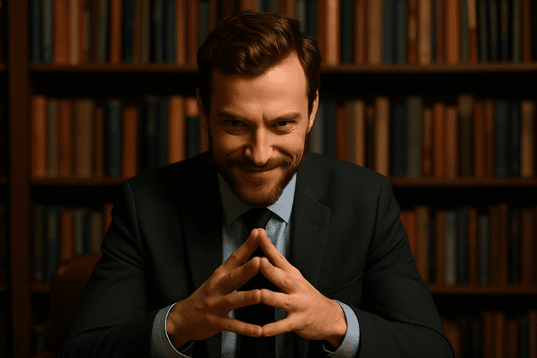 Smiling man in a library illustrating the devil’s strategy to influence the rising generation with identity confusion, moral relativism, and distorted truth.