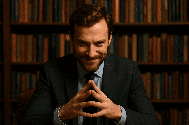 Smiling man in a library illustrating the devil’s strategy to influence the rising generation with identity confusion, moral relativism, and distorted truth.