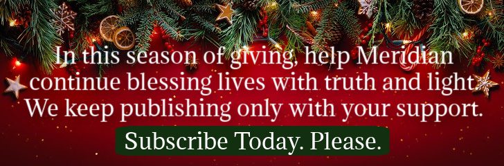 A seasonal Meridian Magazine support banner inviting readers to sustain gospel journalism that explores the Book of Mormon, Ether 5, and the enduring testimony of the Three Witnesses.