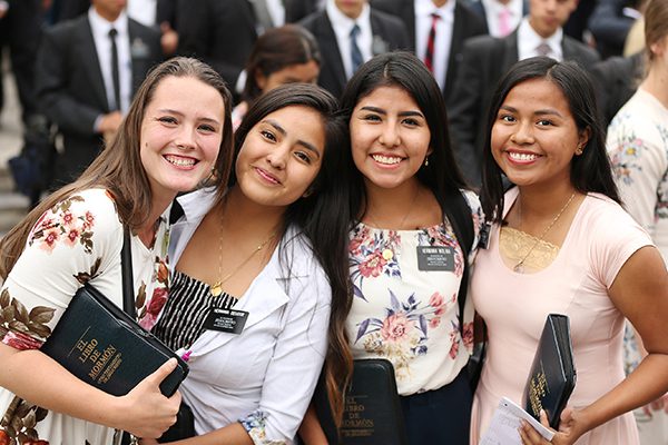 Young women missionaries representing sisters serving missions and missionary service for women in the Church of Jesus Christ of Latter-day Saints.