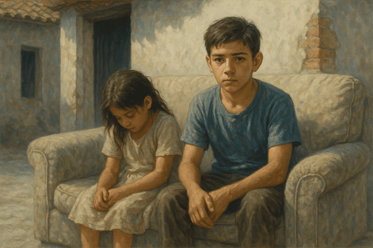 Two impoverished children sitting quietly on a worn couch, symbolizing hardship, repentance, and the power of the Atonement to bring healing and redemption.