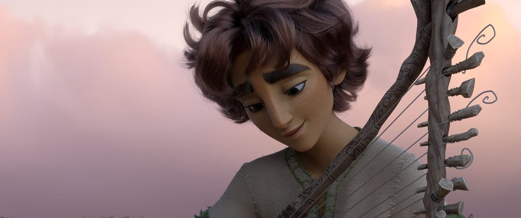 A reflective scene from David showing David playing the harp, emphasizing worship, emotional depth, and spiritual intimacy central to the film’s message.