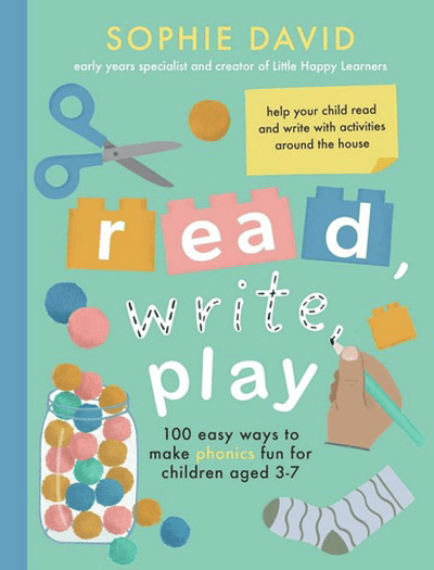 Cover of Read, Write, Play by Sophie David, an early-learning phonics activity book for kids ages 3–7, filled with playful literacy exercises perfect for winter learning and Christmas gifting.