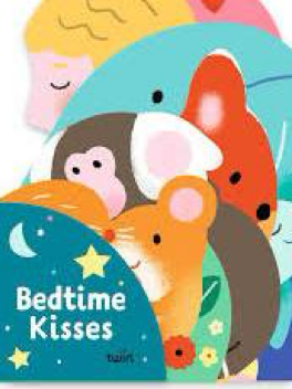 Cover of Bedtime Kisses, a gentle board book for babies and toddlers featuring layered illustrations of baby animals snuggling to sleep with their parents.