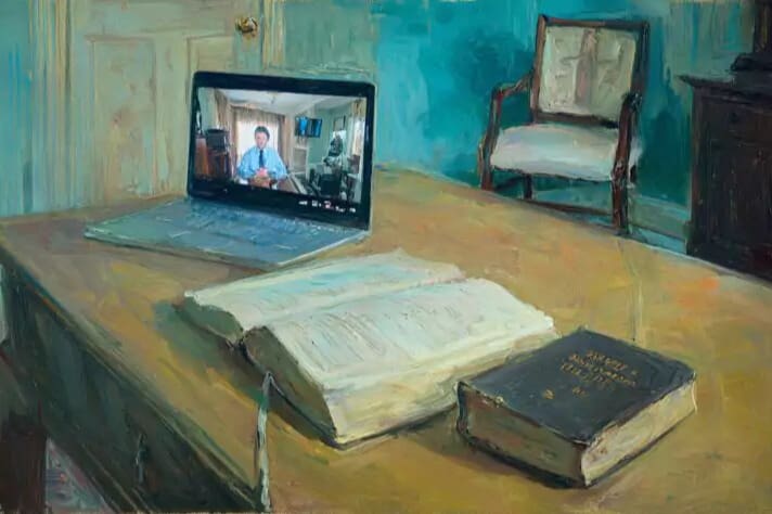 Open Bible and laptop with political commentary representing American politics, religious discernment, and the tension between faith, media influence, and truth.