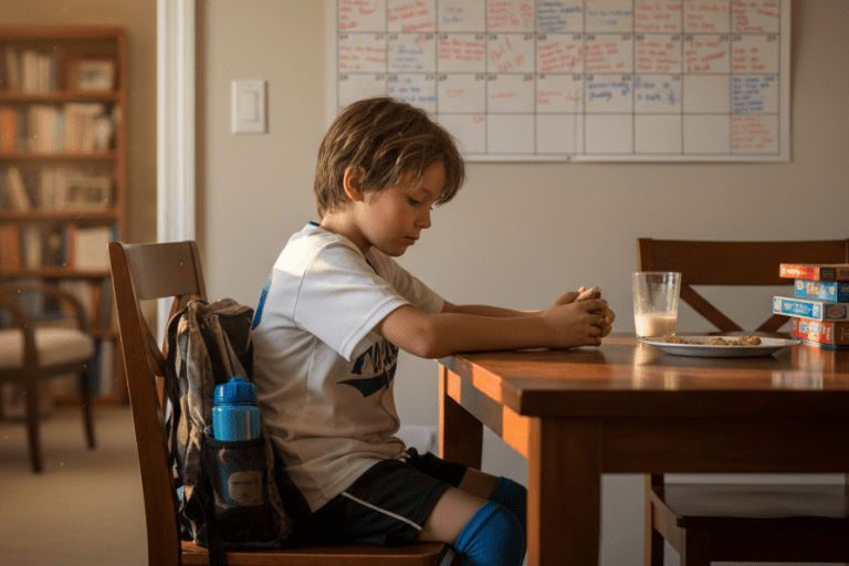 Child sitting alone at the table after school with a busy calendar behind him, showing the stress and emotional impact of overscheduling children.