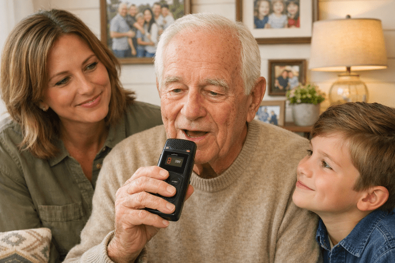Preserving voices through family history as a grandfather records his voice with his daughter and grandson, leaving a legacy of faith and testimony.