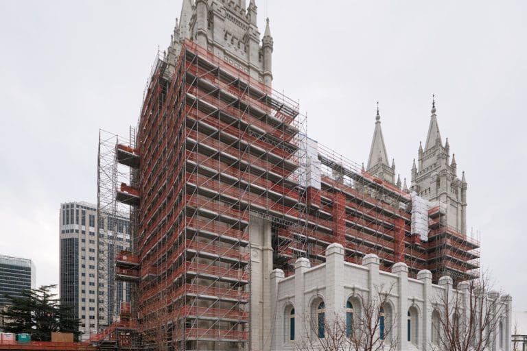Salt Lake Temple renovation with exterior scaffolding during seismic upgrades and restoration at Temple Square