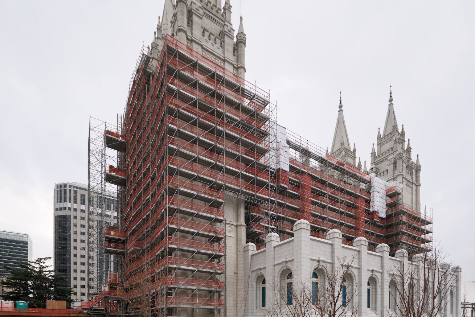 Salt Lake Temple renovation with exterior scaffolding during seismic upgrades and restoration at Temple Square