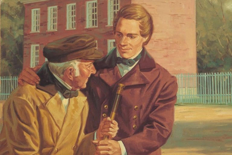 Joseph Smith depicted with an early follower, representing eyewitness testimony and reflections on the character of Joseph Smith