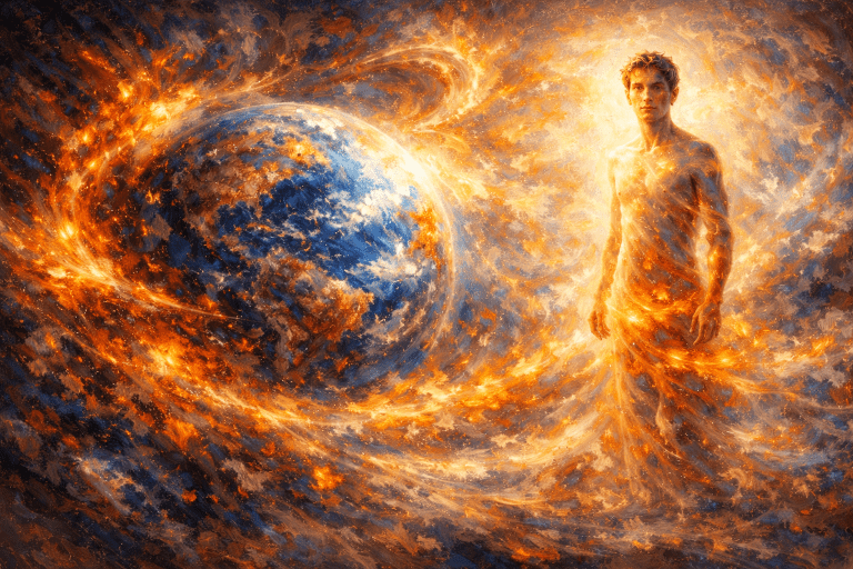 Symbolic Creation account showing Genesis as divine organization, with a radiant human figure and earth formed through light, agency, and the Light of Christ