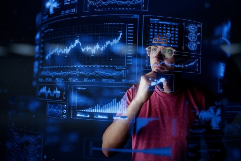 Humanity analyzing economic data showing innovation, population growth, and superabundance of resources over time