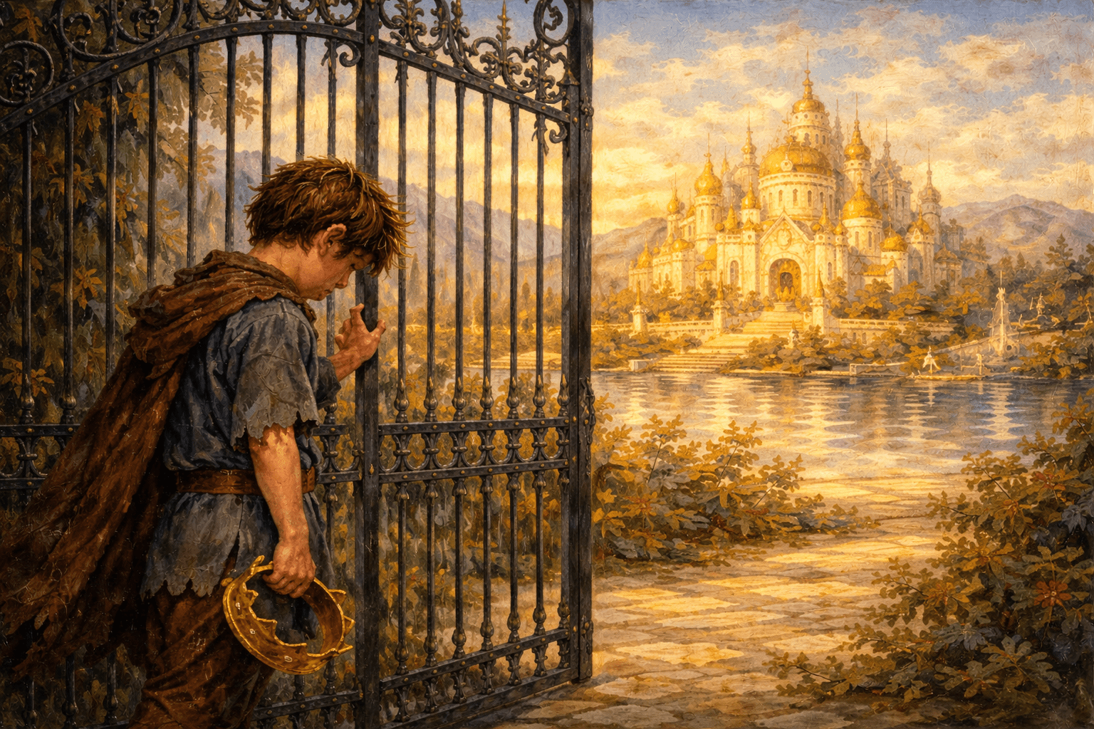 Amnesiac King illustration showing a forgotten royal figure at the gates of heaven, symbolizing pre-mortal life, eternal identity, and the Restoration of gospel truth.