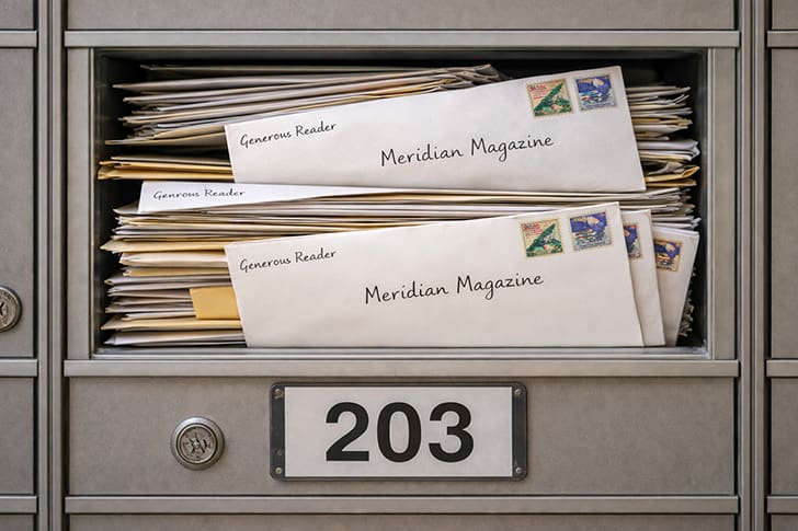 Mail filled with Meridian Magazine envelopes representing readers answering the final invitation to support Meridian Magazine through a voluntary subscription for 2026.