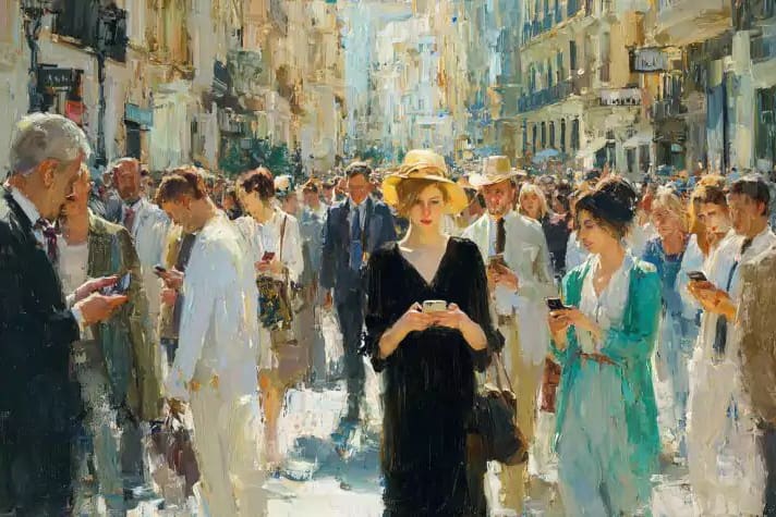 A woman walks calmly through a crowded city as others focus on their phones, illustrating how disciples choose peace amid outrage culture and public contention.