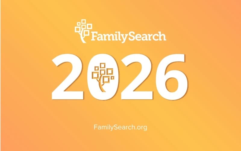 FamilySearch 2026 graphic announcing new AI tools, expanded genealogy records, and Family Tree updates to help families make global connections.
