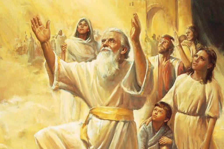 Enoch walking with God as he is taken into heaven, illustrating Genesis 5 and ancient traditions of Enoch’s translation and heavenly ascent.