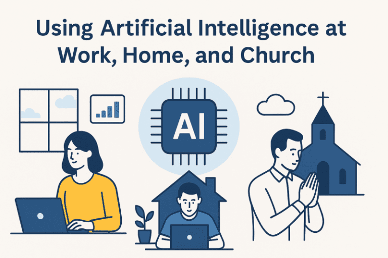 Illustration of artificial intelligence used at work, home, and church, showing AI as a practical tool that supports productivity, learning, and faith.