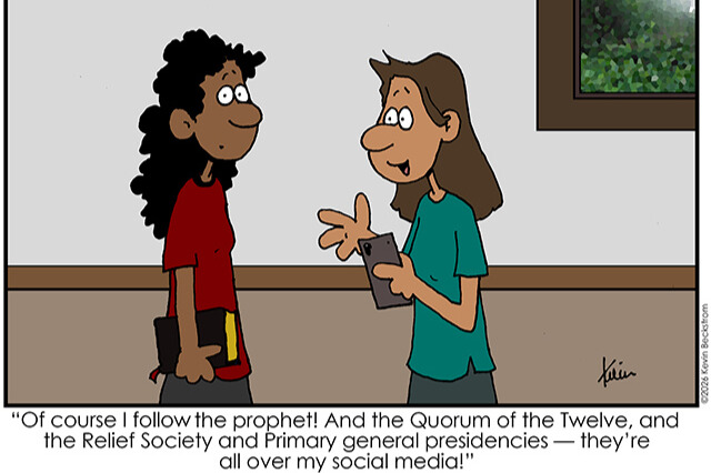 A cartoon illustration shows two Latter-day Saint women talking, with one referencing following Church leaders through social media, highlighting modern discipleship, unity, and living Zion principles in everyday life.