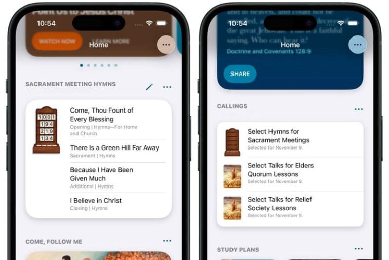 Gospel Library app showing digital hymn board and lesson schedules for sacrament meeting, Relief Society, and priesthood classes