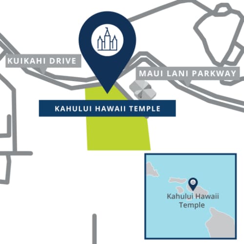 A map graphic shows the announced location of the Kahului Hawaii Temple along Kuikahi Drive near Maui Lani Parkway in Kahului, Maui.