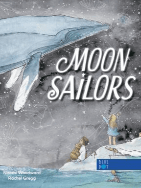 Cover of Moon Sailors, a calming picture book showing two siblings and their cat drifting through dreamlike nighttime imagery beneath a glowing moon.