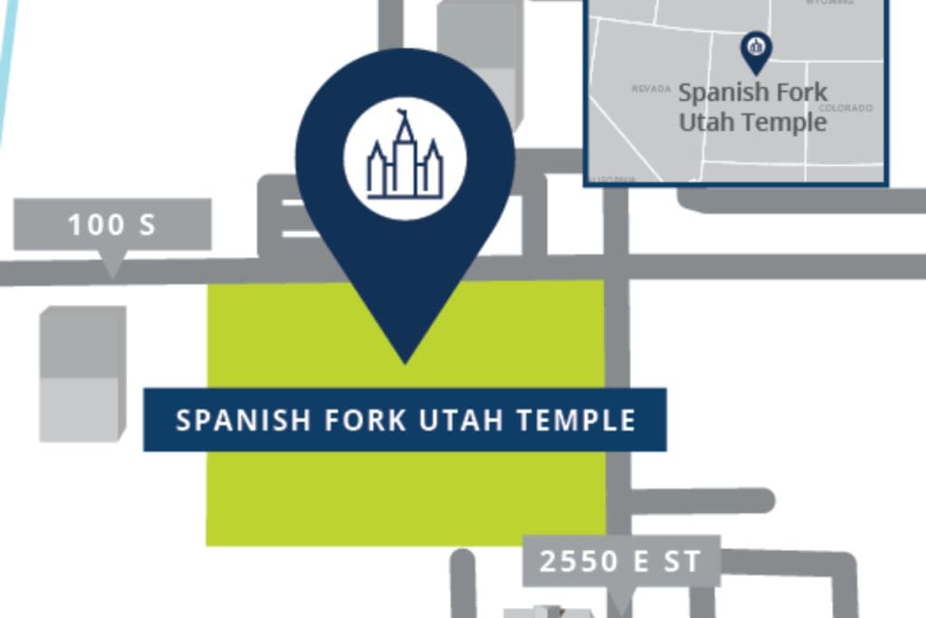 Map indicating the site of the Spanish Fork Utah Temple, a newly announced temple that will add to the growing number of temples in Utah.