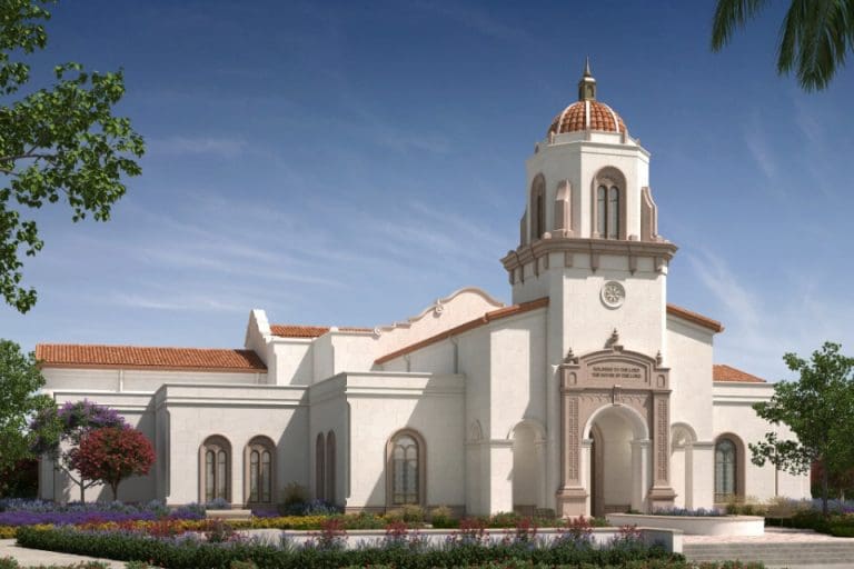Rendering of a newly announced temple as part of worldwide Temples milestones in California, Guatemala, Mozambique, and Utah.