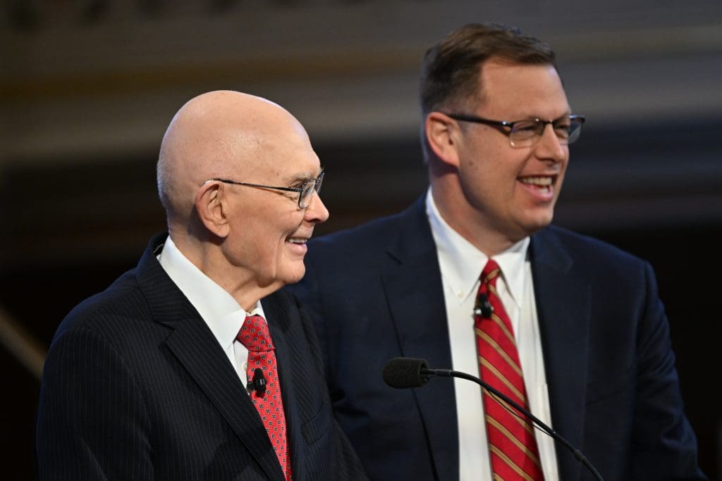 President Dallin H. Oaks stands beside Elder Clark G. Gilbert following Gilbert’s call as the newest member of the Quorum of the Twelve Apostles of The Church of Jesus Christ of Latter-day Saints.