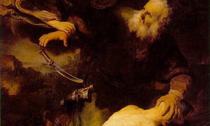 Abraham and Isaac on Mount Moriah during the Abrahamic test, illustrating the sacrifice of Isaac and unwavering faith.