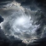 Storm clouds parting with light above, representing Noah’s Flood, divine warning, and faith amid wickedness in Genesis 6–11 and Moses 8.