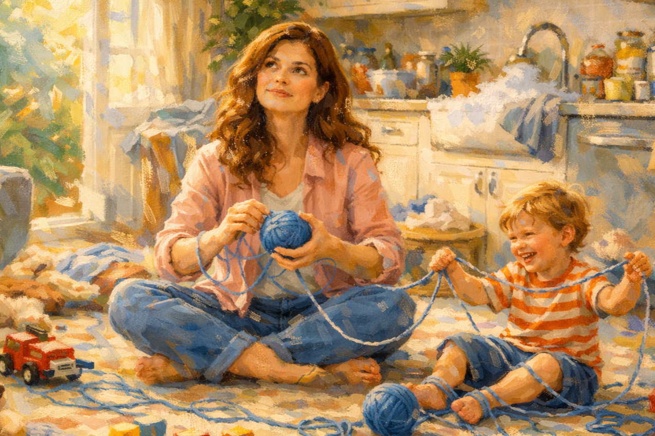 Mother and child surrounded by playful chaos at home symbolizing the law of entropy, motherhood, and finding peace through Jesus Christ.